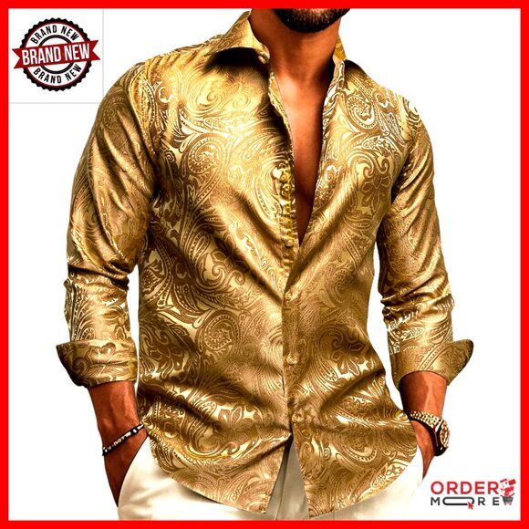 Men's Silk Paisley Button Down Shirt Long Sleeve Western Dress Shirt